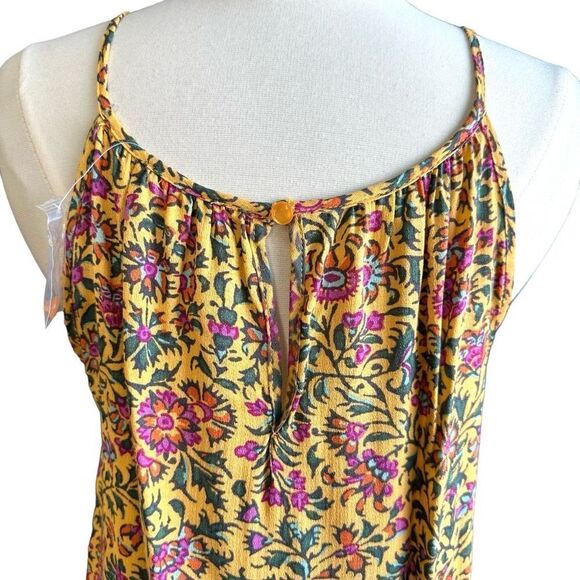NWT Cynthia Rowley Smocked Pleated Floral Halter Keyhole Blouse Mustard Pink - Picture 4 of 5